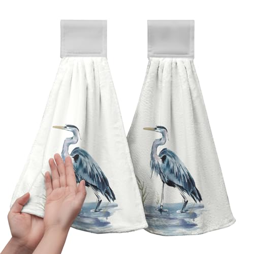 Blue Heron Coastal Hanging Hand Towels Set of 2 Summer Nautical Ocean Beach Themed Kitchen Towels with Hanging Loop Sea Bird Pelican Dish Towel Soft Absorbent Guest Fingertip Bath Towel for Bathroom - color: Blue Heron-b