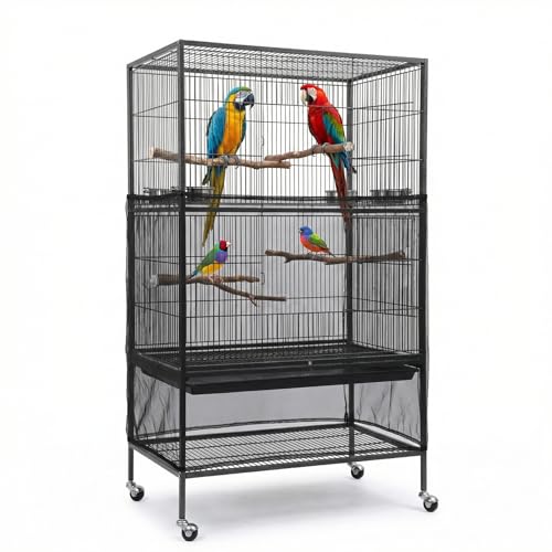 Large Bird Cage Cover Bird Cage Seed Catcher 118 x 31 Inches Adjustable Elastic Band Mesh Birdcage Cover Net Skirt for Parrot Parakeet Macaw African Cages (Black)