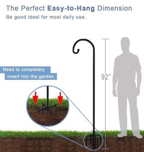 92 inch Outdoor Shepherd Hook with Upgraded 7 Prong Base (1 Pack), Adjustable Heavy Duty Garden Hanging Stake for Bird Feeder Solar Light Plant Hanger Wedding Decor, Matte Black - size: 92IN-1PACK