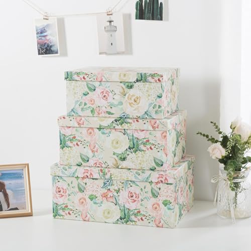 Soul & Lane - Blooming Rose Decorative Storage Boxes with Lids, Set of 3 | Large Nesting Cardboard Keepsake Boxes for Photos and Memories, Floral Photo Storage Containers for Home Decor - color: Blooming Rose