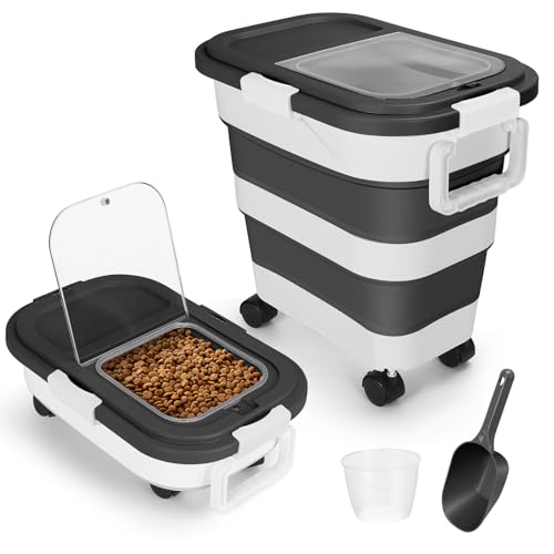 Dog Food Storage Container with Rolling Wheel and Airtight Lid, Black, 30LB | Foldable Food Storage Bins with Snap-Lid Seal to Keep Kibble, Pellets or Seeds Fresh for Dogs, Cats and Birds - color: 30 Lbs Black