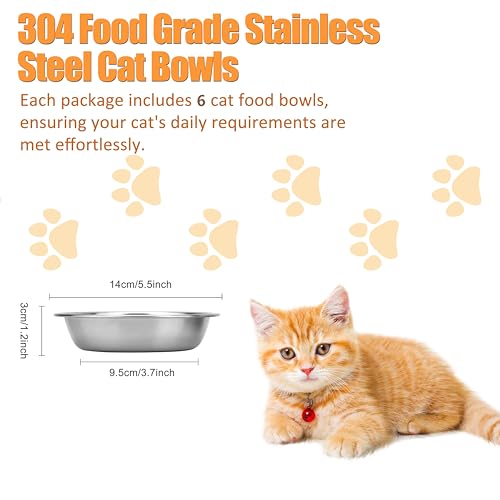 6 Pcs Stainless Steel Cat Bowls, Metal Shallow Cat Bowls Whisker Friendly | 5.5Inch Shallow Wide Cat Food Dishes, Replacement Basic Cat Plates
