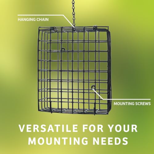 Birds Choice Seed & Suet Block Cage Feeder | Hanging Bird Suet Feeder for Woodpeckers, Jays, Nuthatches | Durable Vinyl Coated Grid with Chain | Easy Mount for Trees or Decks | 8" L x 3" W x 7" H | Durable Vinyl Coated Grid with Hanging Chain, Easy Mount