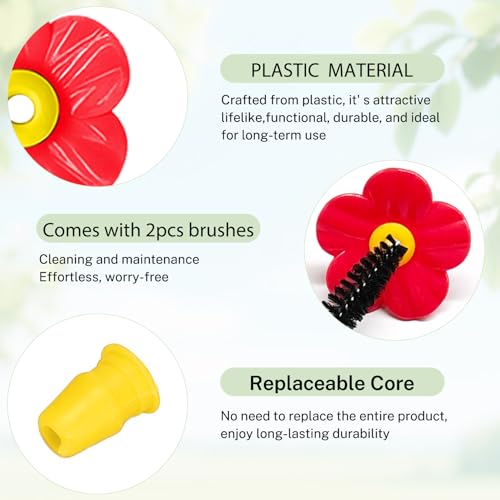 16 Sets Replacement Flowers for Hummingbird Feeder Parts with 2pcs Humming Bird Feeder Brushes for Cleaning, Hummingbird Feeder Replacement Flowers for Outdoor Hanging Bird Feeder Bee Guards Kit - color: Red