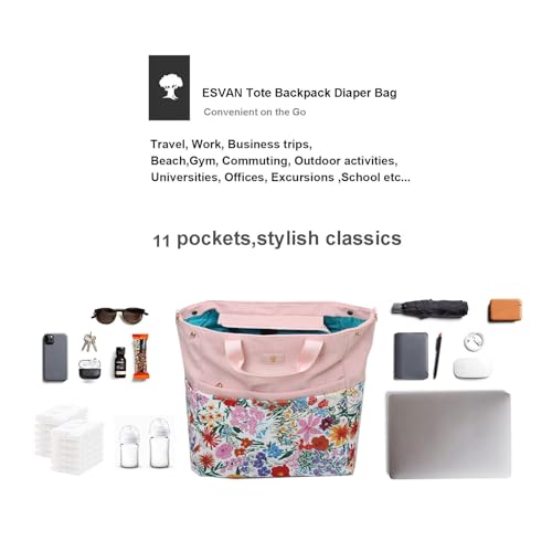 Diaper Tote Bag Totepack Backpack Crossbody Bag 3 in 1 for Women Laptop Backpack Multifunctional with Insulated Pockets - color: Corduroy a Pink Flower