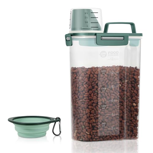 LEAWALK 3-5Lbs/3Qt Dog Cat Food Storage Container With Foldable Bowl, Plastic Pet Food Dispenser for Small Animal Kibble/Pet Food/Bird Seed/Oatmeal/Rice/Flour/Brown Sugart/Cereals (Dark Green) - color: Dark Green, size: 3L-1pack