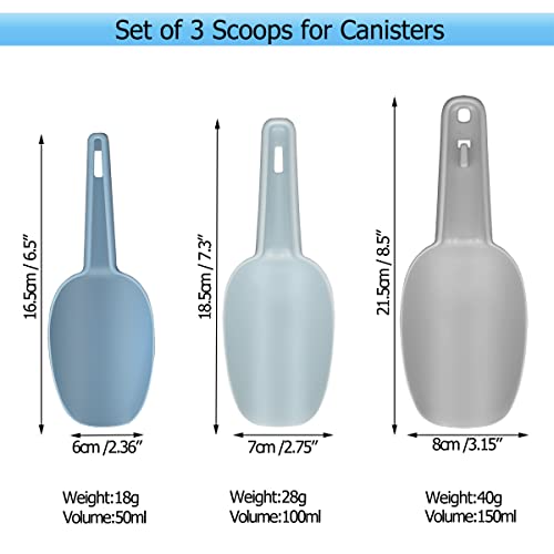 Flour Scoop Set of 3 for Canisters, Ice, Popcorn, Pet Food, Dry Goods, Coffee Beans, Candy - Plastic Scoops 1.7/3.4/5.1 oz - color: Gray+Blue+Light Blue
