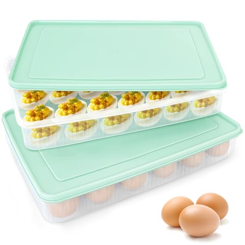 2PCS Deviled Egg Containers with Lid,Portable Storage Carrier Egg Holder,Stackable Plastic Egg Tray Carrier for Kitchen,Fridge,Keep Fresh,Easter(48 Eggs) - style: Green-48 eggs