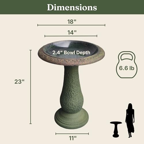 Pedestal Birdbath with Solar Fountain, Resin Stone Composite Outdoor Garden Decor, Standing Bird Bath for Outside Patio Yard, 23-Inch Tall, Garden Fountain, Resin Bird Baths, Hummingbird Bowl - color: Roman Green