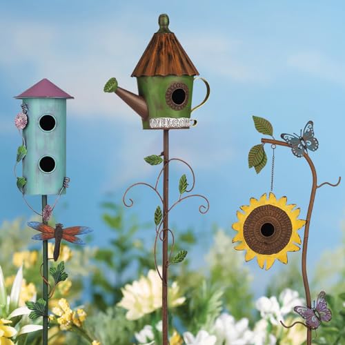 BAYN 57” Metal Bird House Stake for Outside Decorative | Rocket Design, Double-hole, Easy Assembly, Cleaning Door, Sturdy Wild Birdhouse on 5 Pronged Garden Stake Pole - style: Rocket Head