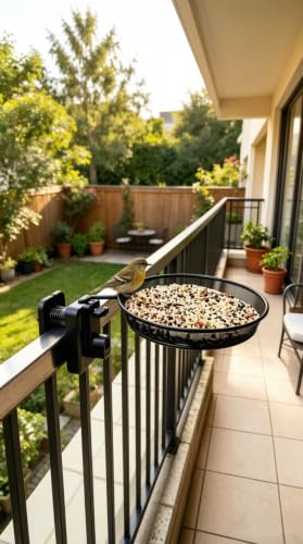 Fence/Railing Bird Feeder Tray for Deck/Balcony/Porch, 8" Steel Platform Bird Feeder Mesh Seed Tray for Outside Wild Birds, Great Decoration for Garden Backyard