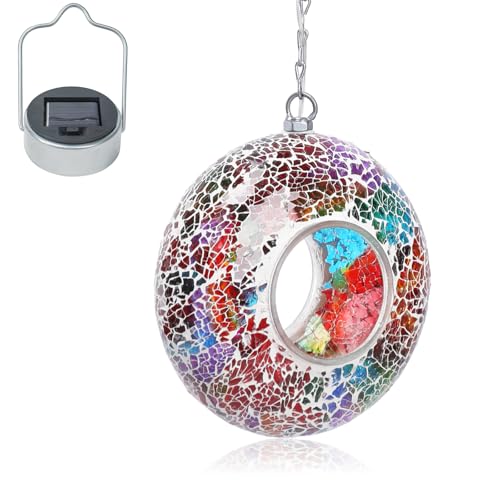 VCUTEKA Bird Feeder, Fly Through Mosaic Solar Birdfeeder for Garden Decor | 8" Mosaic Bird Feeders for Outside Hanging Round Shape Glass Container to Attract More Wild Bird Feeders for Bird Lovers - color: Multi