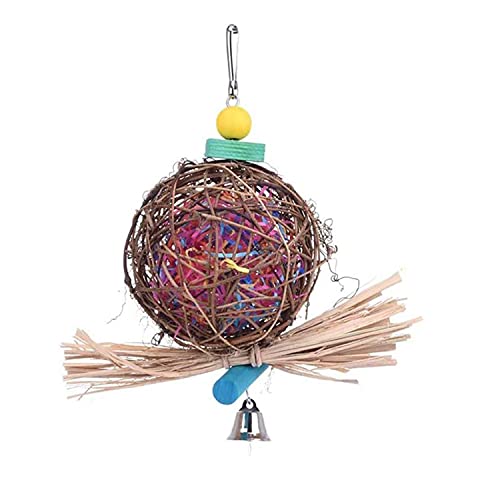 Litewoo Bird Chew Shredder Foraging Toy Natural Rattan Ball Preening Toy with Paper Strips Bell Toy for Parakeet Cockatiel Budgie Conure Lovebird Finch Canary African Grey Cage Accessories (1 PC)