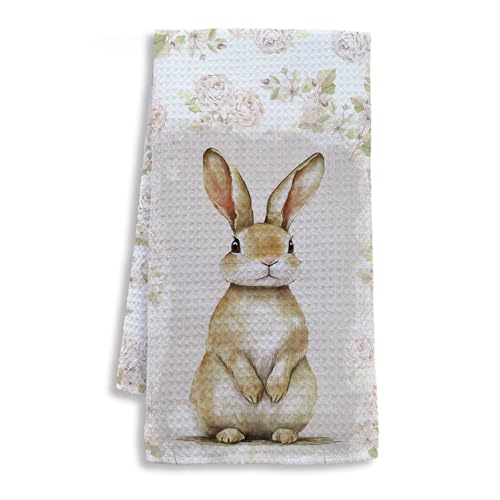 Vintage Bunny Floral Kitchen Towels, Gifts for Bunny Lovers Dish Tea Towels for Kitchen, Rustic Cottagecore Flower Rabbit Decorative Hand Towel for Bathroom Decor, 16x24 Inch - color: Floral Bunny