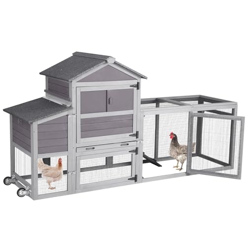 GUTINNEEN Chicken Coop Mobile Hen House On Wheels Easy to Move Wooden Poultry Cage with Nesting Box,Opening Wire Netting Roof - color: Grey