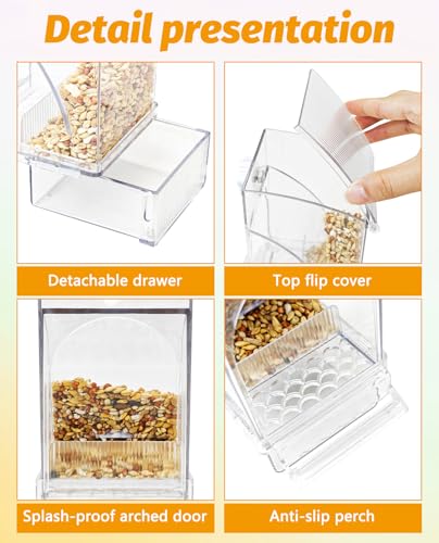 BNOSDM No Mess Bird Feeder Transparent Bird Food Container Automatic Parrot Feeder with Perch Parakeet Cage Accessories for Budgies, Canaries, Cockatoos, Finch and Lovebirds - color: Transparent