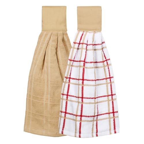 Ritz Premium 100% Cotton Solid and Multi Check Kitchen Tie Towel, Absorbent, Super Soft, and Fast Drying Hang Towel, Set of Two, Biscotti - color: Biscotti, size: Solid & Multi Check - 2 Piece