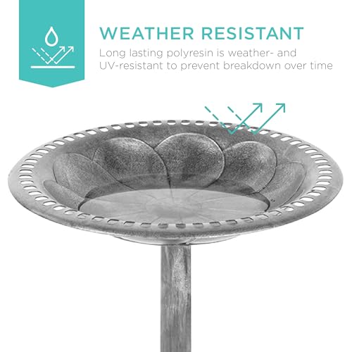 Best Choice Products 28in Pedestal Bird Bath, Vintage Outdoor Resin Accent Decoration w/Fleur-de-Lis Accents - Stone - color: Stone