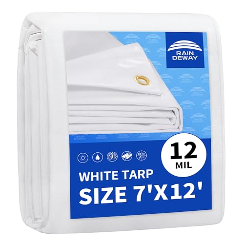 RAINDEWAY 7' X 12' White Heavy Duty Waterproof Poly Tarp Multipurpose Cover | 12 Mil Extra Thick,Finished Size,UV Resistant,Weatherproof,with Metal Grommets and Reinforced Edge - color: White, size: 7x12 Feet-Finished size