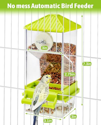 Hamiledyi Automatic Bird Feeder No Mess Bird Cage Feeder Seed Food Container with Perch Transparent Parrot Cage Accessories for Parakeets, Budgies, Cockatoos, Finches, Lovebirds, Canaries (Green) - color: Transparent Green + Perch