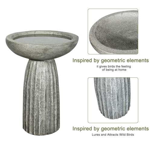 SKYFIRE 24.4" Pedestal Bird Bath for Outdoor, Geometric Fluted Concrete Birdbath with Tree Trunk Decor, Durable Fibre Reinforced Birdbath for Garden, Patio, Lawn & Backyard - color: Concrete Gray