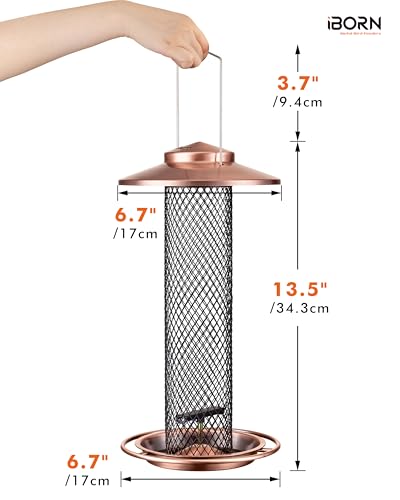 iBorn Peanut Bird Feeder,Sunflower Seed Feeder,13.5 Inch Metal Mesh Tube Bird Feeders for Outdoors Hanging,Squirrel-Proof Birdfeeders for Peanut with 17cm Weatherproof Roof & Tray,2 LB Capacity,Copper - color: Copper,13.5" Peanut Bird Feeder