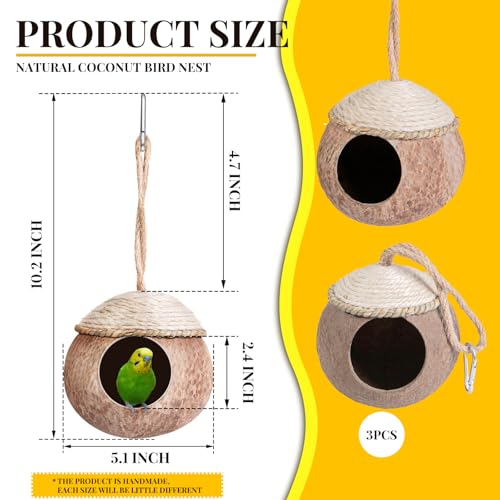 Suzile 3 Pcs Natural Coconut Bird Nest for Cage Hanging Birds House Parakeet Hide Breeding Hut Bird Cage Habitats Decor for Parrot, Cockatiel, Lovebird, Finch, Squirrel, Hamster