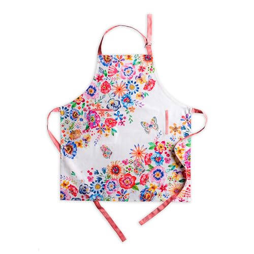 Maison d' Hermine Aprons for women with Pocket 100% Cotton (27.50"x31.50") | Adjustable Neck Strap & long ties Apron Men Chef Wedding Cooking Gardening Server Maid - color: 026 - Happy Florals - High Summer