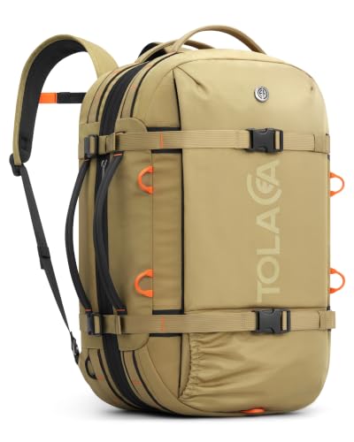 Tolaccea Travel Backpack 40-50L, 16" Laptop Carry On Duffle for Travel Work | 40-50L Expandable, TSA Approved 180° Open, 3L Wet-Dry Pocket, RPET Fabric, 3-in-1 Convertible Carrying, Detachable Waist Belt - color: Khaki