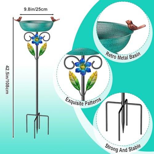 Metal Outside Bird Bath, 42“ Freestanding Garden Birdbath for Outdoor,Green | SHUONIVS Bird Baths Feeder Bowl Detachable Decoration Spa Birdfeeder forPatio Yard Lawn Decor, 10" Dia Bowl with Stake - style: Retro Green