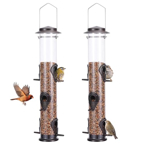 2PK Metal Bird Feeders with 6 Feeding Ports,Tube Bird Feeder with Steel Hanger,Hard Plastic Wild Bird Feeder for Outdoors Hanging, Attracting Birds in Your Lawn, Garden, Balcony (Coffee) - color: Coffee 2 PACK