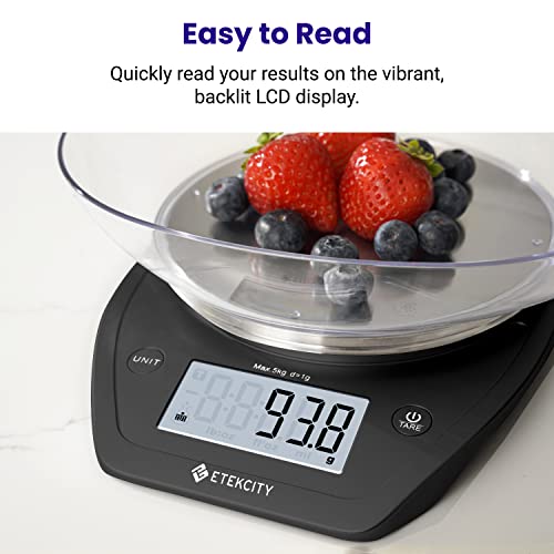 Etekcity 0.1g Food Scale, Bowl, Digital Grams and Ounces for Weight Loss, Dieting, Baking, Cooking, and Meal Prep, 11lb/5kg, Stainless Steel Black | 11lb/5kg capacity with tare, removable bowl, ideal for baking, coffee, meal prep and portion control, Stai