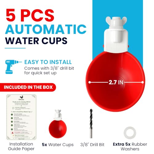 Premium 5 Pack Automatic Chicken Water Cups Kit Gravity Poultry Waterer Dispenser with Drill Bit Extra Washers for Ducks Quail Chickens