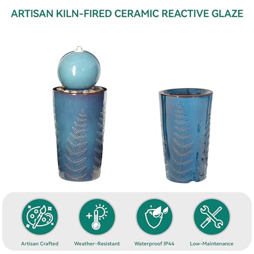 Autodaya 30" Sphere Outdoor Water Fountain, Teal Blue Ceramic Glaze | Modern Nature-Inspired Design with Leaf Patterns & Pebbles, Soothing Trickling Water Feature for Patio, Yard, Garden, Porch - color: 29.5"h-sphere Teal Blue Glaze