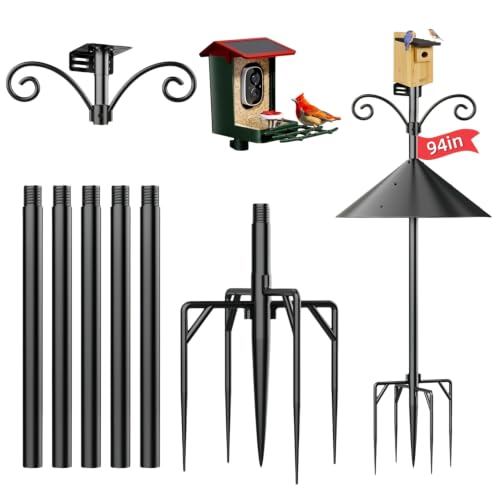 NSYOOMH Dia 1 Inch Bird Feeder Pole with 19" Proof Squirrel Baffle, Heavy Duty Metal, Bird House Pole Compatible Mount for Smart Camera Birdfeeder, Outdoor Feeding Station Stand Shepherd Hook Kit- 94" - size: 93.8 inch