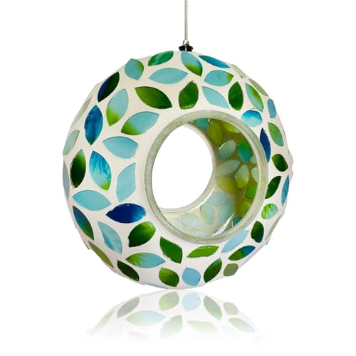 Hanging Bird Feeders for Outdoor Glass Mosaic Fly Through Wild Bird Feeder Round Shape Birdfeeder for Outside Garden Yard Patio Decoration Green - color: Green2