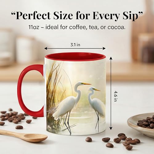 White Egret Wetland Coffee Mug, Elegant Water Bird Mug, Serene Marsh Nature Gift, Coastal Lake House Decor, Wildlife Art Ceramic Accent Cup, 11 Oz Drinkware (Egret) - color: Egret