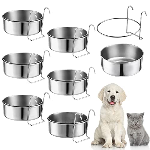mumufy 6 Pieces Stainless Steel Hanging Water Bowls with Holder Detached Anti Spill Pet Metal Bowl Cage Kennel Crate Food Bowl(16 x 6 cm) - size: 20 oz