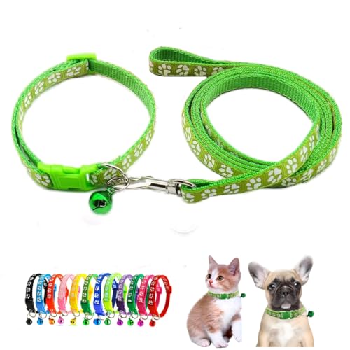 Puppy Dog Collar with Bells for Small Dogs, Cat Kitten Collar Green XXS XS | Paw Print Reflective Dog Collar Leash Set with Bell, Basic Nylon Boy Girls Pet Collar Adjustable For XXS XS S Tiny Puppies - color: light green