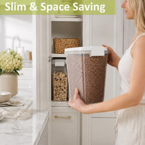 5-10 Lbs Airtight Cat Dog Food Storage Container, 8QT Compact Pet Food Bin | Plastic Food Container with Buckle-Lock Lid & Scoop for Dog, Cat, Bird Seed, Pet Food, Chicken, Dry Food, Rice, Cereal, Flour - color: Bright White