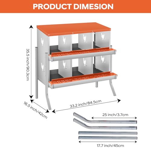 GarveeLife Chicken Nesting Box, 6 Compartments Nesting Box for Chickens, Two-Tier Galvanized Steel Chicken Egg Laying Box with Large Vented Holes Wall Mounting for Easy Egg Collection - color: Orange | 6 Compartments