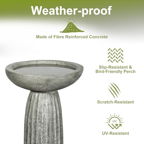 SKYFIRE 24.4" Pedestal Bird Bath for Outdoor, Geometric Fluted Concrete Birdbath with Tree Trunk Decor, Durable Fibre Reinforced Birdbath for Garden, Patio, Lawn & Backyard - color: Concrete Gray