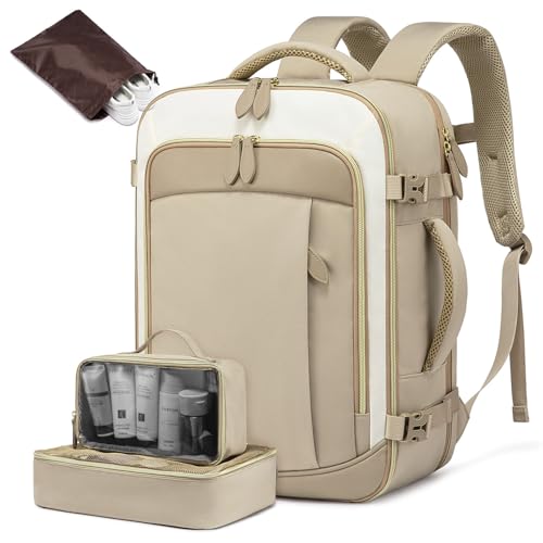 LOVEVOOK Travel Backpack for Women Men, 40L Carry On Backpack with 3 Packing Cubes,TSA Personal Item Travel Bag Airline Approved, Water Resistant Weekender Overnight Luggage Daypack - color: H-hkaki-beige-brown, size: Large - 17.3 Inch - 40L - 3 Pcs