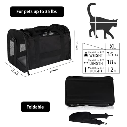 Cat Carrying Case - Pet Carrier Airline Approved, Protable and Breathable Pet Travel Carrier Removable Fleece Pad, Collapsible Cat Carrier Dog Carrier for Medium Cats Small Cats Dogs (X-Large, Black) - color: black, size: 20.0"L x 13.0"W x 13.0"H