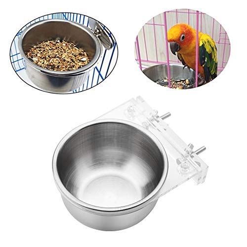 Stainless Steel Bird Feeder with Acrylic Plates, Small Feeding Cups for Cage, Detachable Bird Water Bowls with Clamp Holder for Cockatiel Conure Budgies Parakeet Finch Small Pets