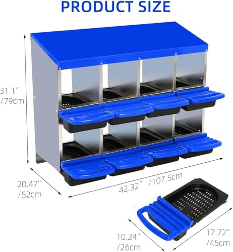 8-Hole Chicken Nesting Box with Removable Lid, Metal Chicken Coops with Roll Away Design/Easy Egg Collection/Ventilation Holes, for Chickens Coops, Duck and Hens - color: Blue, size: 8 holes without legs