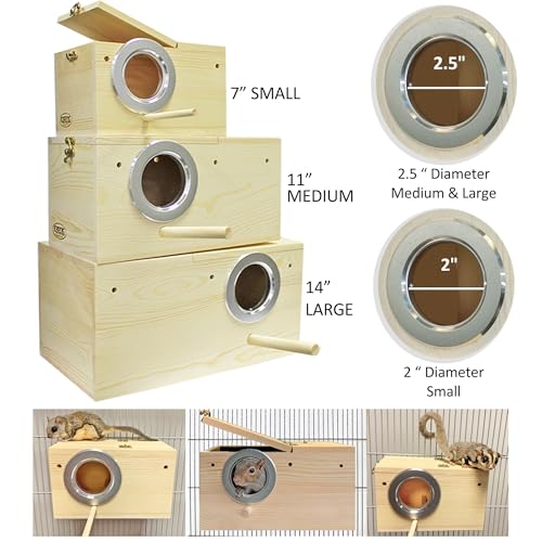 Sturdy Nest Box (M) - Cage Attachment, Hinged Lid, Perching Ledge - for Sugar Glider, Squirrel, Rat, Finch, Parakeet, Lovebird, Parrotlet, Lovebird, Canary, Cockatiel, Other Birds & Small Pets - size: Medium