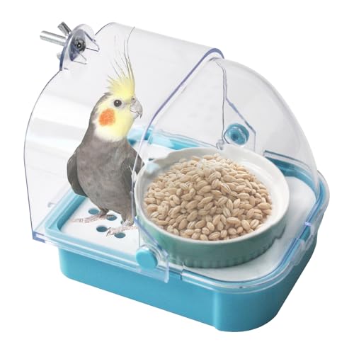 2 in 1 No Mess Bird Feeder,Bird Cage Feeder with Ceramic Bowl and Parrot Bathtub with Bottom Drawer Hanging Tube Shower Box for Birds Budgies Parakeet Small Parrot Cockatiels(Blue) - color: 【Blue】
