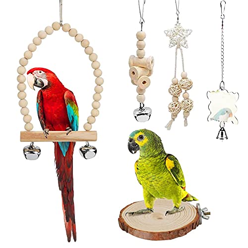 9-Piece Parakeet Toys & Budgie Toys, Bird Cage Accessories Set | Natural wood bird toys include coconut hideaway, swing, ladder, perch, mirror and hanging toys for budgies & cockatiels
