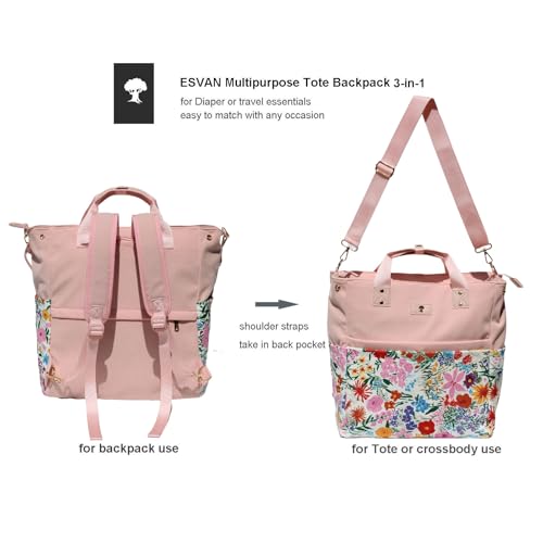 Diaper Tote Bag Totepack Backpack Crossbody Bag 3 in 1 for Women Laptop Backpack Multifunctional with Insulated Pockets - color: Corduroy a Pink Flower